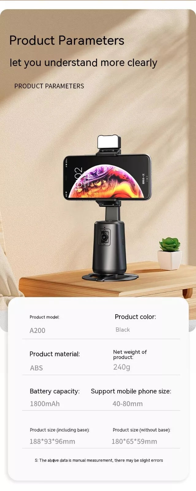 Phone Stabilizer Mobile Stick Selfie Holder Fill Light Gimbal Rotation Tracking